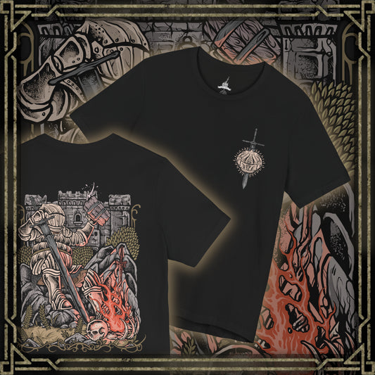 Thumbnail of a T-Shirt artwork depicting Siegward of Catarina standing within the depths of Yhorm's throne room, his iconic Catarina armor illuminated by fire and fading light. The Onion Knight raises his weapon as the enormous figure of Yhorm the Giant looms in the background. The design reflects their friendship, Siegward's solemn promise, and his final act of loyalty.