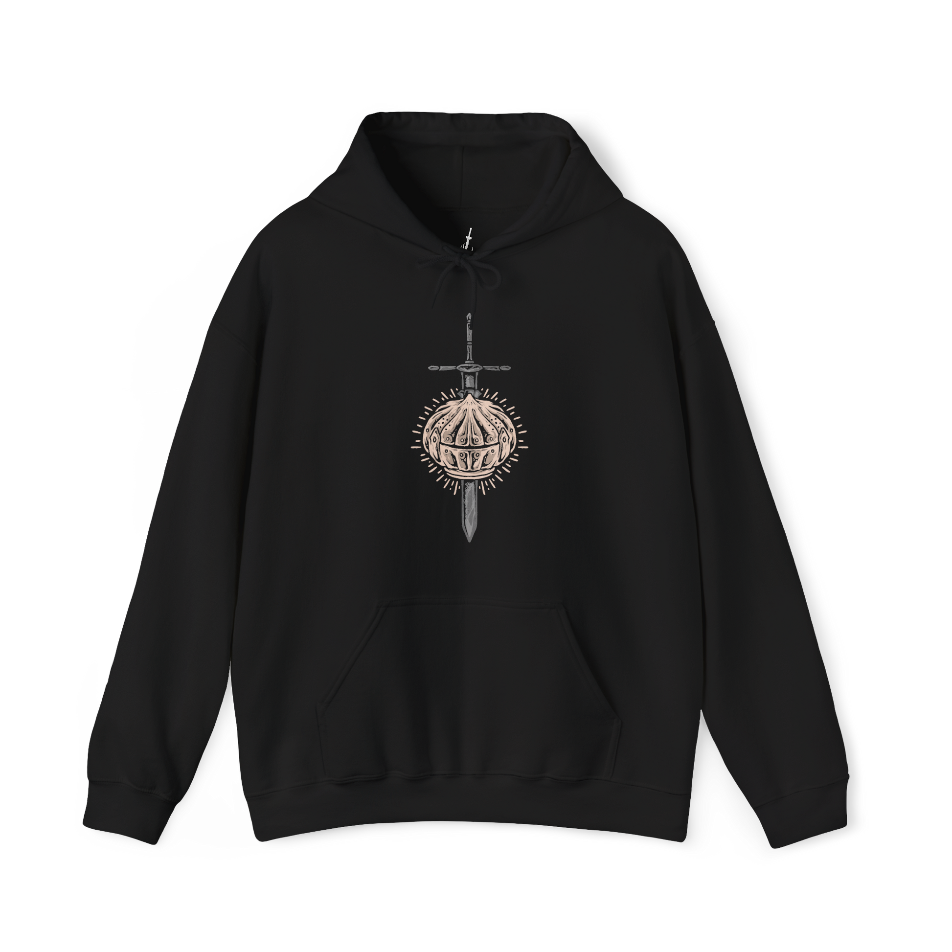Image 4 of a Hooded Sweatshirt of Siegward of Catarina standing inside Yhorm the Giant's ruined chamber, his rounded Catarina armor reflecting the glow of burning embers as he prepares for his final battle. Smoke and ancient stone surround the knight while the towering silhouette of Yhorm appears behind him. The composition emphasizes friendship, honor, courage, and Siegward's unwavering promise.