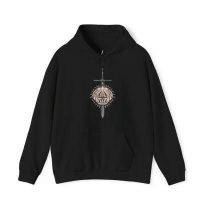 Image 4 of a Hooded Sweatshirt of Siegward of Catarina standing inside Yhorm the Giant's ruined chamber, his rounded Catarina armor reflecting the glow of burning embers as he prepares for his final battle. Smoke and ancient stone surround the knight while the towering silhouette of Yhorm appears behind him. The composition emphasizes friendship, honor, courage, and Siegward's unwavering promise.