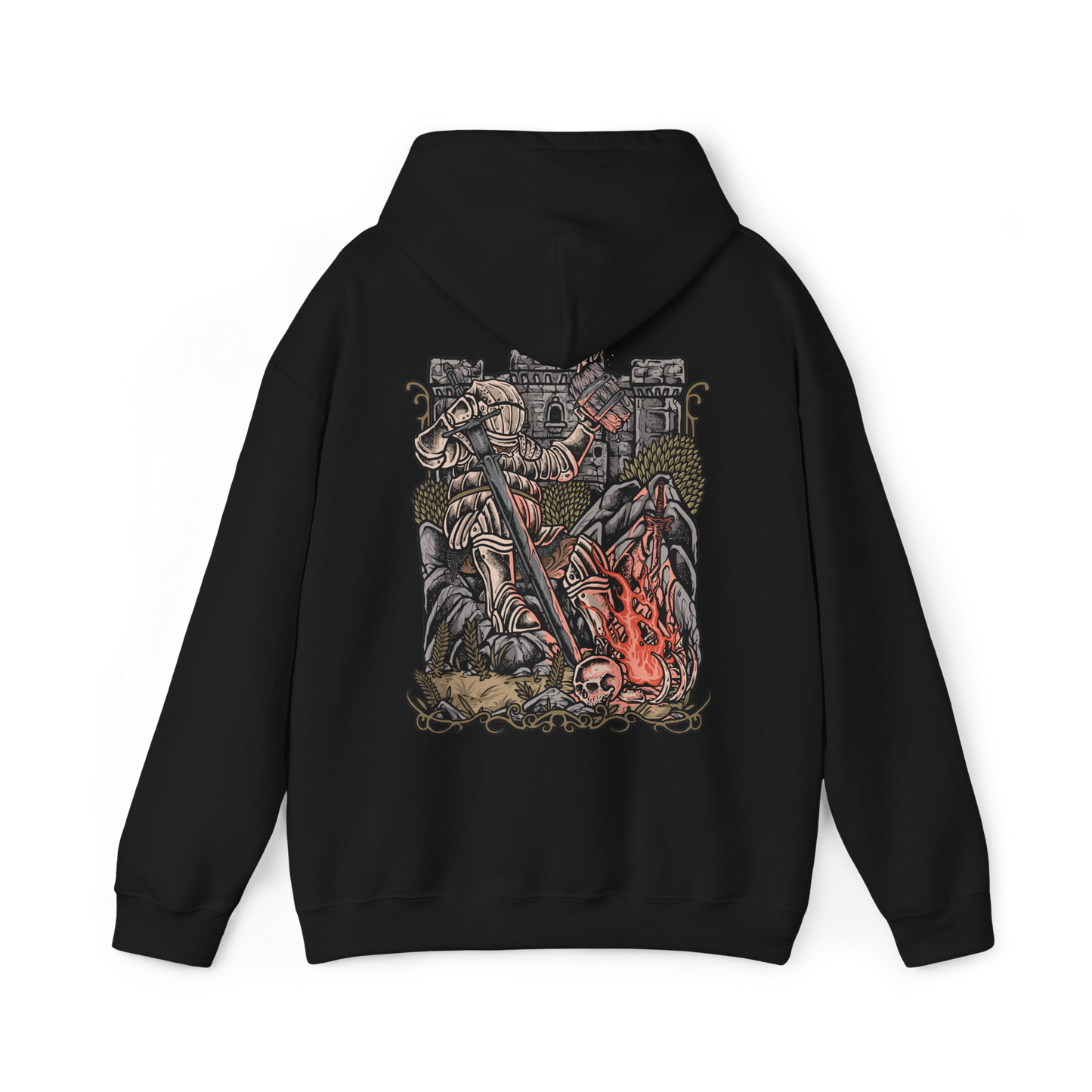 Image 5 of a Hooded Sweatshirt of Siegward of Catarina standing inside Yhorm the Giant's ruined chamber, his rounded Catarina armor reflecting the glow of burning embers as he prepares for his final battle. Smoke and ancient stone surround the knight while the towering silhouette of Yhorm appears behind him. The composition emphasizes friendship, honor, courage, and Siegward's unwavering promise.