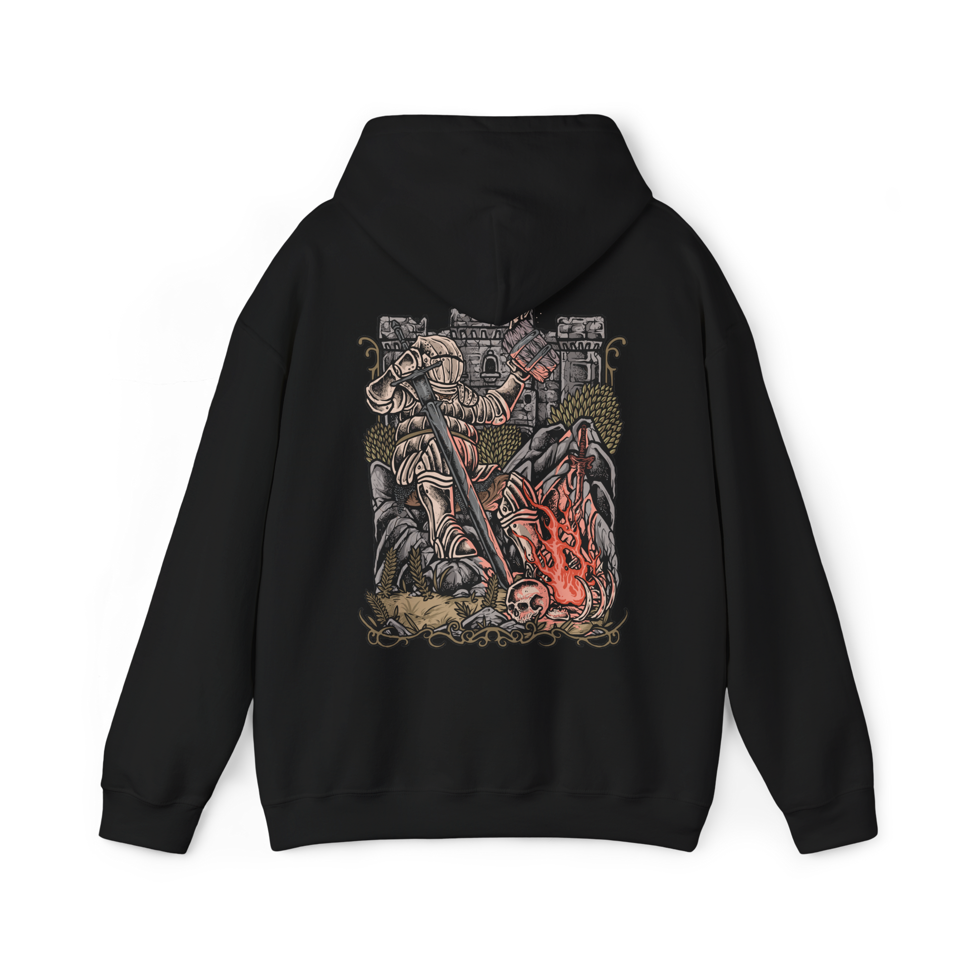 Image 5 of a Hooded Sweatshirt of Siegward of Catarina standing inside Yhorm the Giant's ruined chamber, his rounded Catarina armor reflecting the glow of burning embers as he prepares for his final battle. Smoke and ancient stone surround the knight while the towering silhouette of Yhorm appears behind him. The composition emphasizes friendship, honor, courage, and Siegward's unwavering promise.