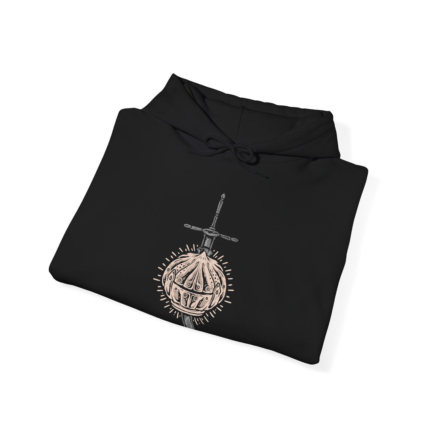 Image 6 of a Hooded Sweatshirt of Siegward of Catarina standing inside Yhorm the Giant's ruined chamber, his rounded Catarina armor reflecting the glow of burning embers as he prepares for his final battle. Smoke and ancient stone surround the knight while the towering silhouette of Yhorm appears behind him. The composition emphasizes friendship, honor, courage, and Siegward's unwavering promise.