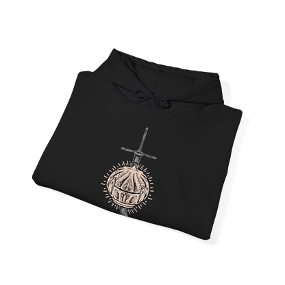 Image 6 of a Hooded Sweatshirt of Siegward of Catarina standing inside Yhorm the Giant's ruined chamber, his rounded Catarina armor reflecting the glow of burning embers as he prepares for his final battle. Smoke and ancient stone surround the knight while the towering silhouette of Yhorm appears behind him. The composition emphasizes friendship, honor, courage, and Siegward's unwavering promise.