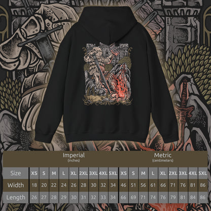 Size chart of a Hooded Sweatshirt of Siegward of Catarina standing inside Yhorm the Giant's ruined chamber, his rounded Catarina armor reflecting the glow of burning embers as he prepares for his final battle. Smoke and ancient stone surround the knight while the towering silhouette of Yhorm appears behind him. The composition emphasizes friendship, honor, courage, and Siegward's unwavering promise.