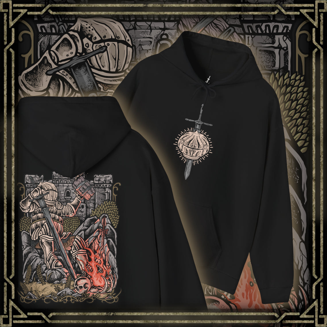Thumbnail of a Hooded Sweatshirt of Siegward of Catarina standing inside Yhorm the Giant's ruined chamber, his rounded Catarina armor reflecting the glow of burning embers as he prepares for his final battle. Smoke and ancient stone surround the knight while the towering silhouette of Yhorm appears behind him. The composition emphasizes friendship, honor, courage, and Siegward's unwavering promise.