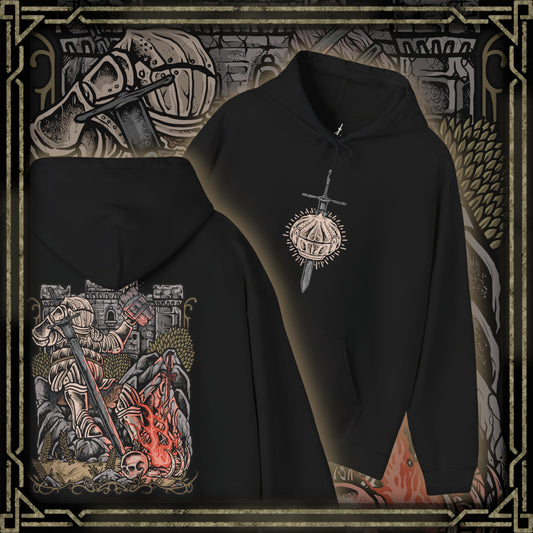 Thumbnail of a Hooded Sweatshirt of Siegward of Catarina standing inside Yhorm the Giant's ruined chamber, his rounded Catarina armor reflecting the glow of burning embers as he prepares for his final battle. Smoke and ancient stone surround the knight while the towering silhouette of Yhorm appears behind him. The composition emphasizes friendship, honor, courage, and Siegward's unwavering promise.