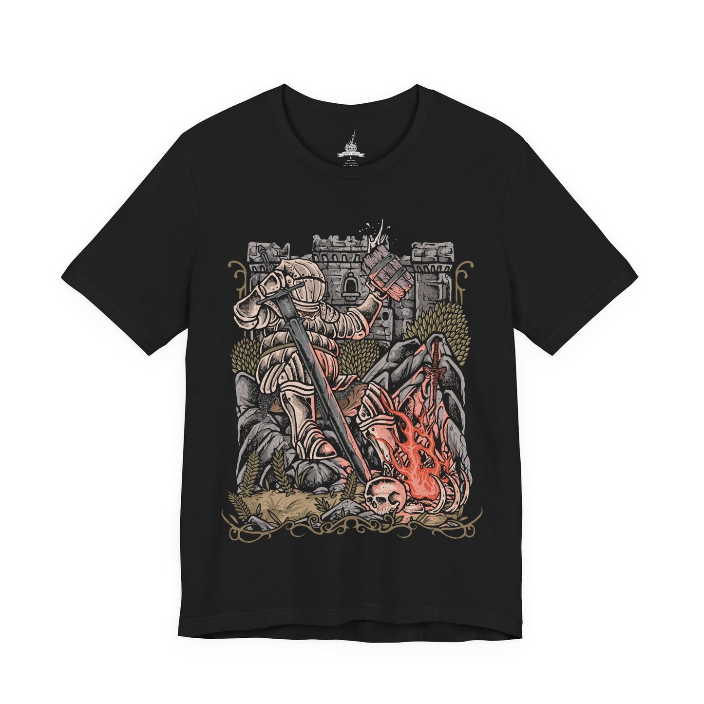 Image 4 of a T-Shirt design of Siegward of Catarina from Dark Souls III, standing proudly in his distinctive rounded Catarina armor while gripping his weapon inside a ruined castle. Warm light, smoke, and ancient stone surround the Onion Knight as he prepares for battle. The design captures Siegward's courage, loyalty, humor, and unwavering commitment to keeping his promises.