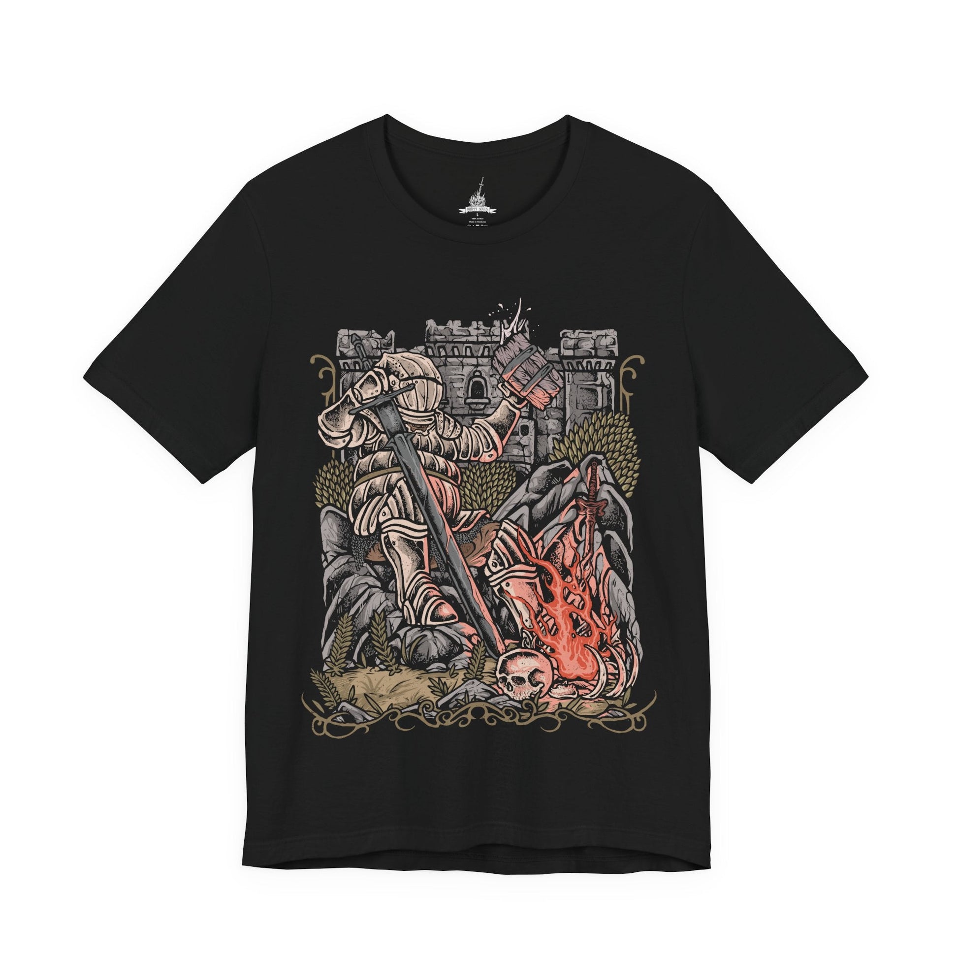Image 4 of a T-Shirt design of Siegward of Catarina from Dark Souls III, standing proudly in his distinctive rounded Catarina armor while gripping his weapon inside a ruined castle. Warm light, smoke, and ancient stone surround the Onion Knight as he prepares for battle. The design captures Siegward's courage, loyalty, humor, and unwavering commitment to keeping his promises.