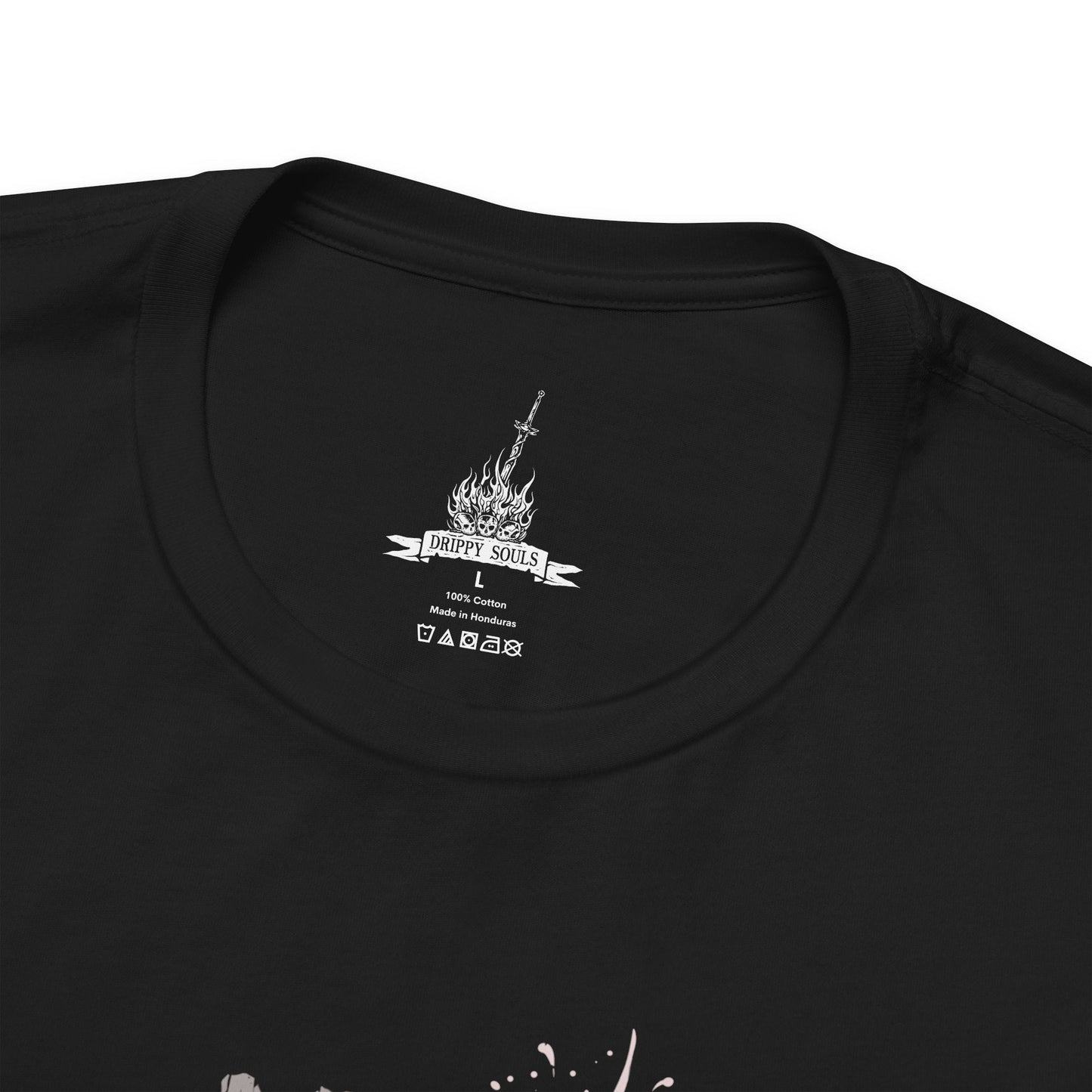 Folded T-Shirt design of Siegward of Catarina from Dark Souls III, standing proudly in his distinctive rounded Catarina armor while gripping his weapon inside a ruined castle. Warm light, smoke, and ancient stone surround the Onion Knight as he prepares for battle. The design captures Siegward's courage, loyalty, humor, and unwavering commitment to keeping his promises.