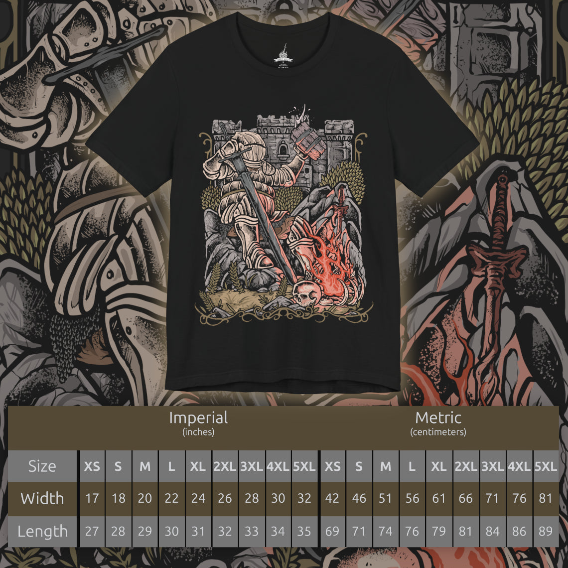 Size chart of a T-Shirt design of Siegward of Catarina from Dark Souls III, standing proudly in his distinctive rounded Catarina armor while gripping his weapon inside a ruined castle. Warm light, smoke, and ancient stone surround the Onion Knight as he prepares for battle. The design captures Siegward's courage, loyalty, humor, and unwavering commitment to keeping his promises.