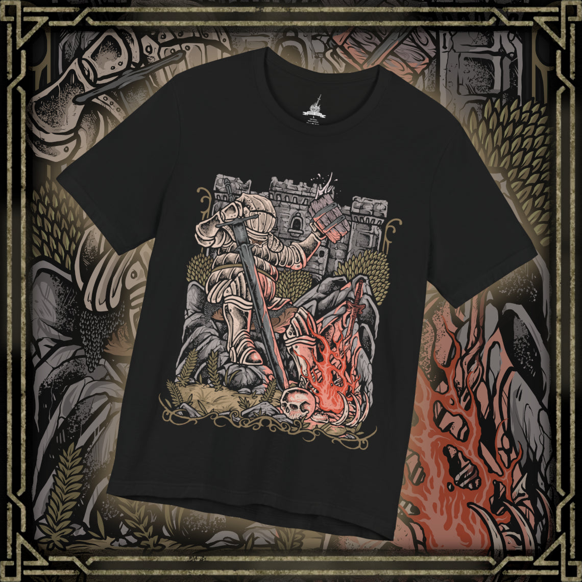 Thumbnail of a T-Shirt design of Siegward of Catarina from Dark Souls III, standing proudly in his distinctive rounded Catarina armor while gripping his weapon inside a ruined castle. Warm light, smoke, and ancient stone surround the Onion Knight as he prepares for battle. The design captures Siegward's courage, loyalty, humor, and unwavering commitment to keeping his promises.