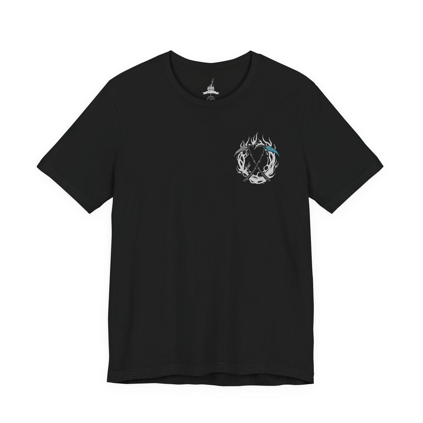 Image 4 of a T-Shirt artwork depicting Sister Friede emerging from drifting snow as Father Ariandel unleashes torrents of fire across the crumbling chapel floor. Frost and flame collide beneath stained glass windows while ash and snow swirl together in the air. This design reflects their unwavering devotion to the Painted World, the refusal to let it burn, and the tragic cycle of rot, sacrifice, and rebirth.
