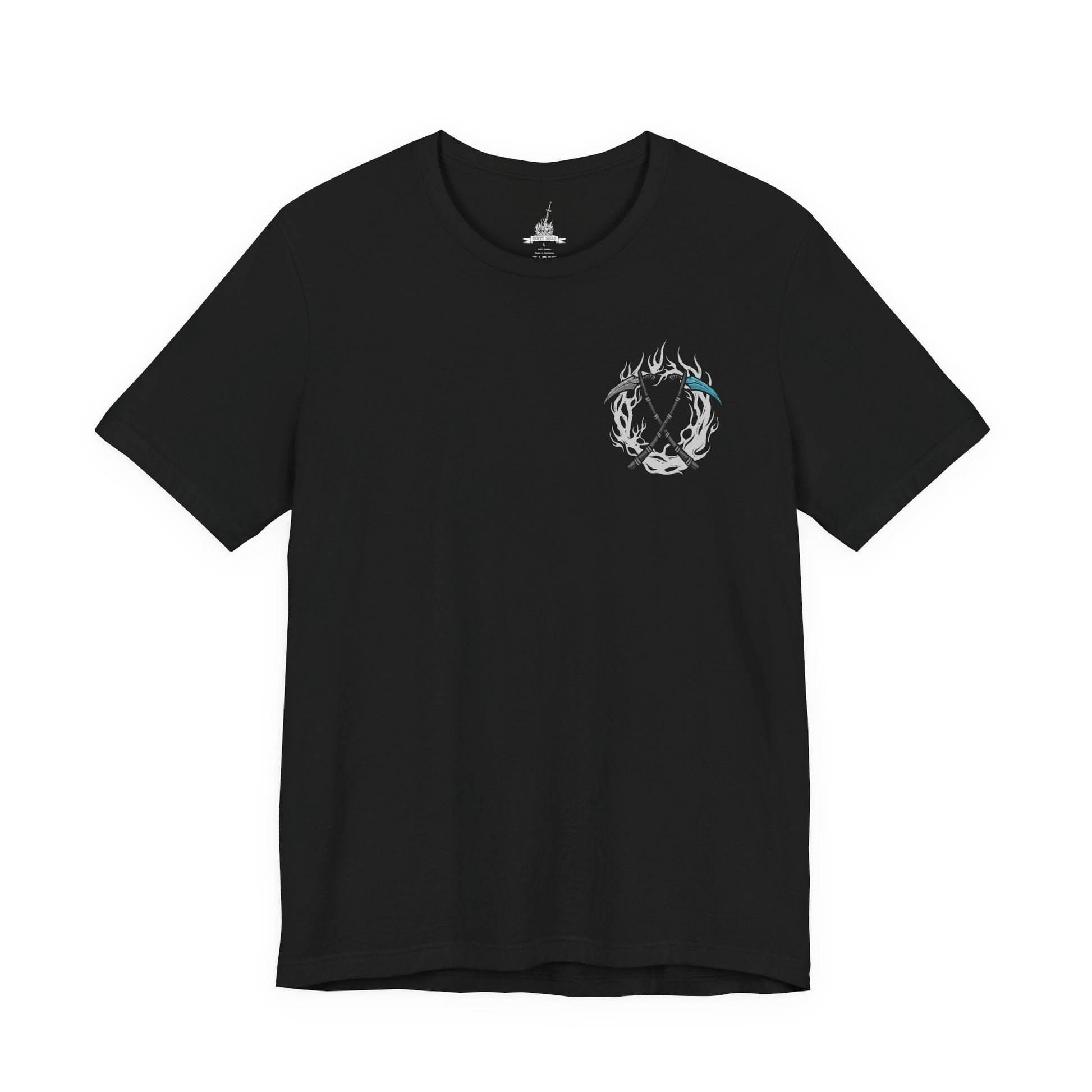Image 4 of a T-Shirt artwork depicting Sister Friede emerging from drifting snow as Father Ariandel unleashes torrents of fire across the crumbling chapel floor. Frost and flame collide beneath stained glass windows while ash and snow swirl together in the air. This design reflects their unwavering devotion to the Painted World, the refusal to let it burn, and the tragic cycle of rot, sacrifice, and rebirth.