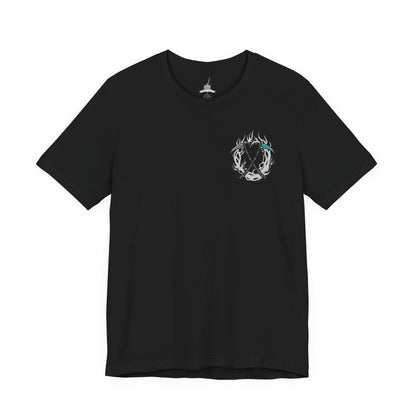 Image 4 of a T-Shirt artwork depicting Sister Friede emerging from drifting snow as Father Ariandel unleashes torrents of fire across the crumbling chapel floor. Frost and flame collide beneath stained glass windows while ash and snow swirl together in the air. This design reflects their unwavering devotion to the Painted World, the refusal to let it burn, and the tragic cycle of rot, sacrifice, and rebirth.