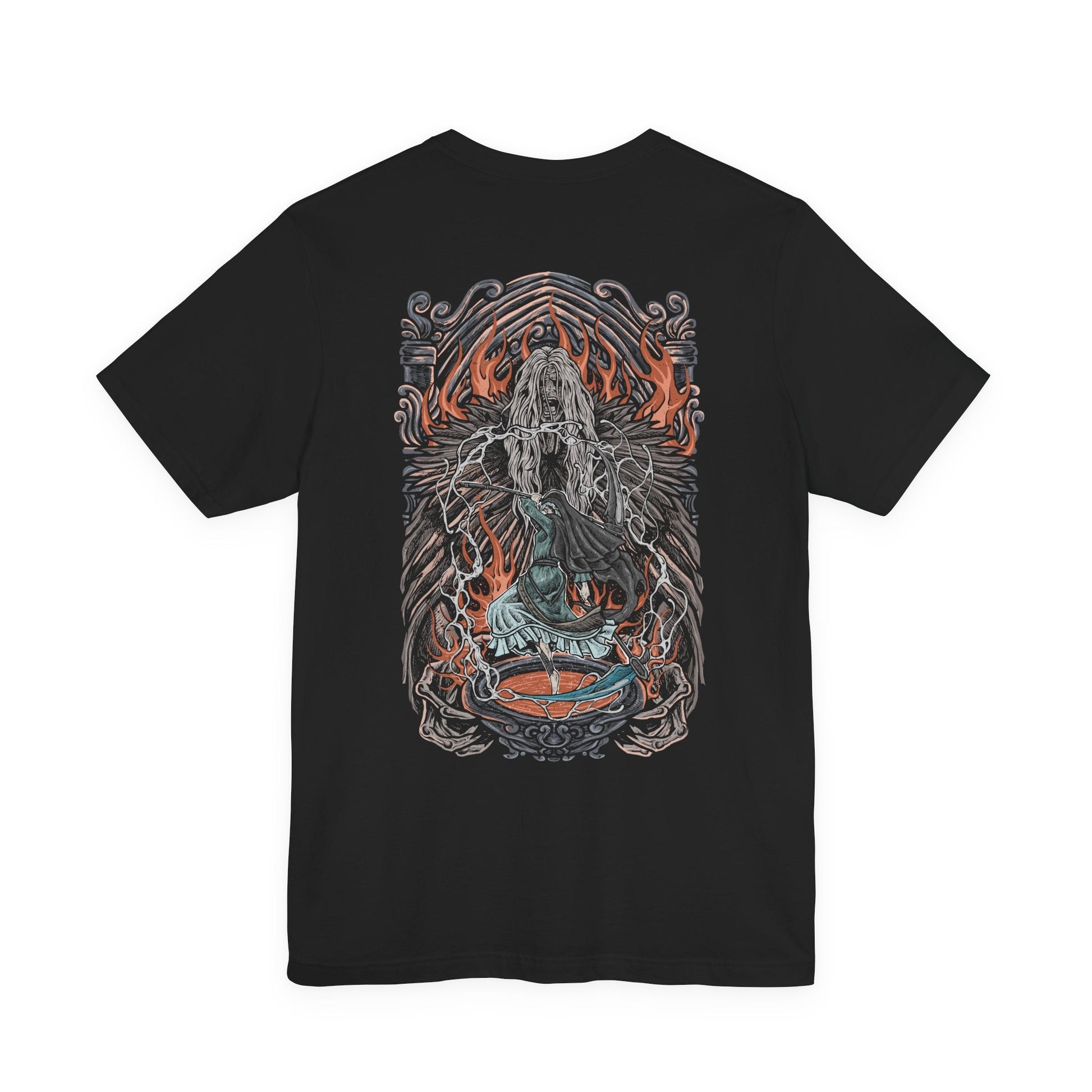 Image 5 of a T-Shirt artwork depicting Sister Friede emerging from drifting snow as Father Ariandel unleashes torrents of fire across the crumbling chapel floor. Frost and flame collide beneath stained glass windows while ash and snow swirl together in the air. This design reflects their unwavering devotion to the Painted World, the refusal to let it burn, and the tragic cycle of rot, sacrifice, and rebirth.