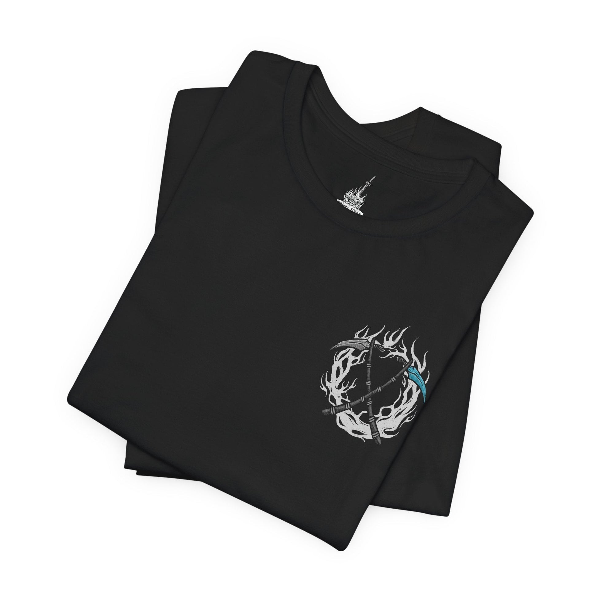 Image 6 of a T-Shirt artwork depicting Sister Friede emerging from drifting snow as Father Ariandel unleashes torrents of fire across the crumbling chapel floor. Frost and flame collide beneath stained glass windows while ash and snow swirl together in the air. This design reflects their unwavering devotion to the Painted World, the refusal to let it burn, and the tragic cycle of rot, sacrifice, and rebirth.