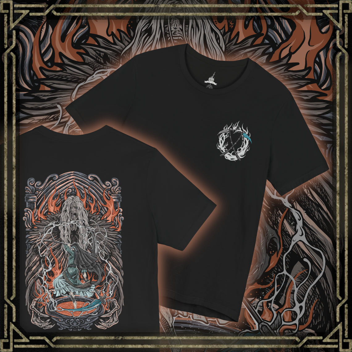 Thumbnail of a T-Shirt artwork depicting Sister Friede emerging from drifting snow as Father Ariandel unleashes torrents of fire across the crumbling chapel floor. Frost and flame collide beneath stained glass windows while ash and snow swirl together in the air. This design reflects their unwavering devotion to the Painted World, the refusal to let it burn, and the tragic cycle of rot, sacrifice, and rebirth.