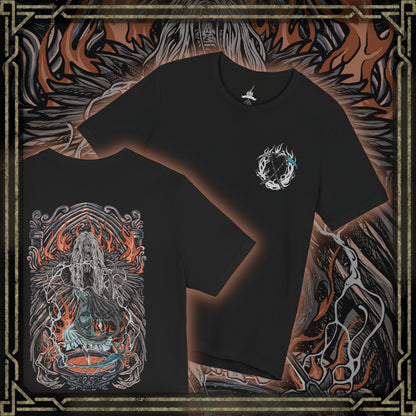 Thumbnail of a T-Shirt artwork depicting Sister Friede emerging from drifting snow as Father Ariandel unleashes torrents of fire across the crumbling chapel floor. Frost and flame collide beneath stained glass windows while ash and snow swirl together in the air. This design reflects their unwavering devotion to the Painted World, the refusal to let it burn, and the tragic cycle of rot, sacrifice, and rebirth.