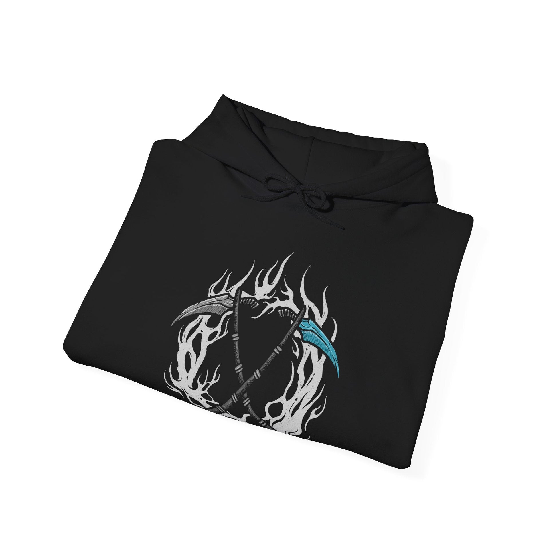 Image 6 of a Hooded Sweatshirt Sister Friede standing before Father Ariandel in the frozen chapel, her black robes flowing through the blizzard as her enchanted scythe glows with icy power. Behind her, Father Ariandel's furious flames illuminate the ancient cathedral with crimson light. The composition emphasizes faith, despair, and the unforgettable final battle that defines one of Dark Souls III's most iconic boss encounters.