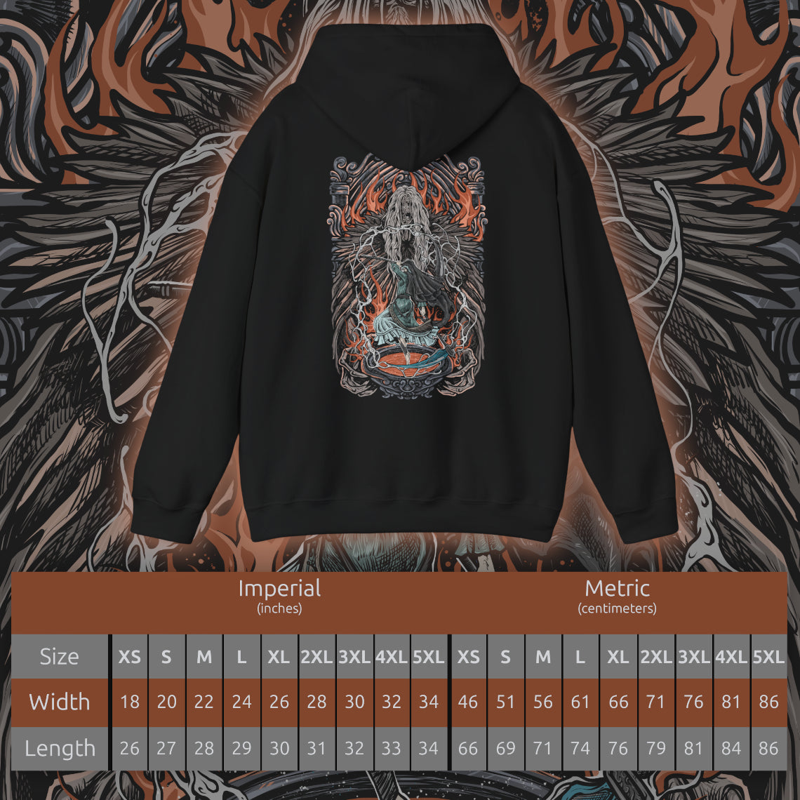 Size chart of a Hooded Sweatshirt Sister Friede standing before Father Ariandel in the frozen chapel, her black robes flowing through the blizzard as her enchanted scythe glows with icy power. Behind her, Father Ariandel's furious flames illuminate the ancient cathedral with crimson light. The composition emphasizes faith, despair, and the unforgettable final battle that defines one of Dark Souls III's most iconic boss encounters.