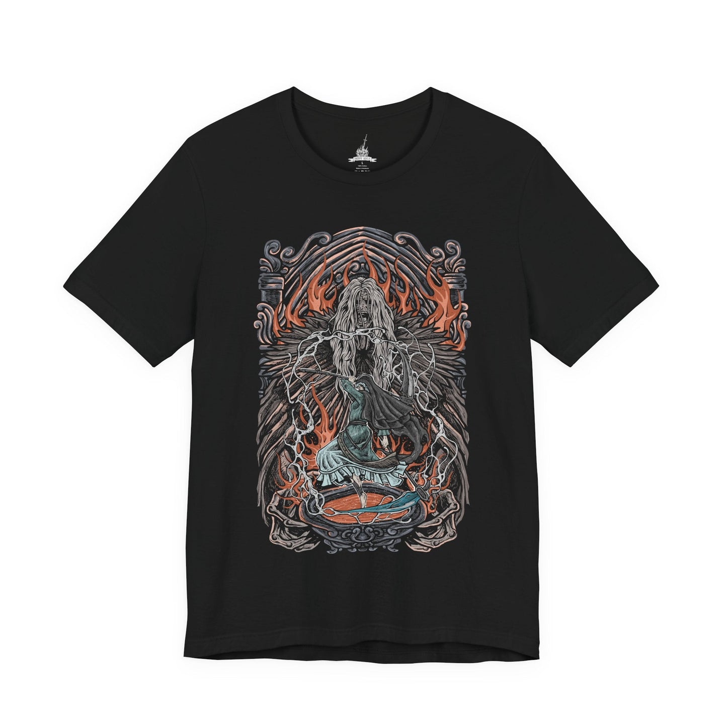 Image 4 of a T-Shirt design of Sister Friede and Father Ariandel from Dark Souls III, standing within the snow-covered chapel of the Painted World of Ariandel. Friede wields her frost-covered scythe with silent elegance while Father Ariandel towers behind her, clutching his massive flaming bowl. The design captures the contrast between icy serenity and raging fire, embodying the desperate struggle to preserve a world trapped in endless decay.
