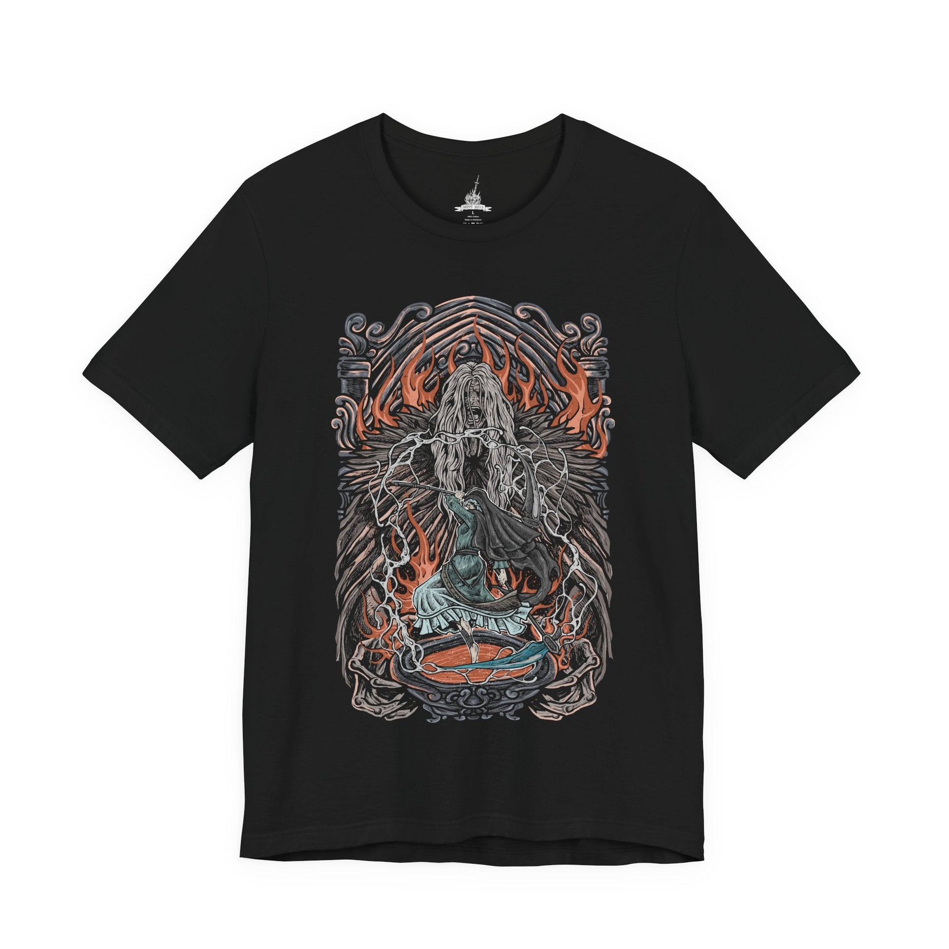 Image 4 of a T-Shirt design of Sister Friede and Father Ariandel from Dark Souls III, standing within the snow-covered chapel of the Painted World of Ariandel. Friede wields her frost-covered scythe with silent elegance while Father Ariandel towers behind her, clutching his massive flaming bowl. The design captures the contrast between icy serenity and raging fire, embodying the desperate struggle to preserve a world trapped in endless decay.