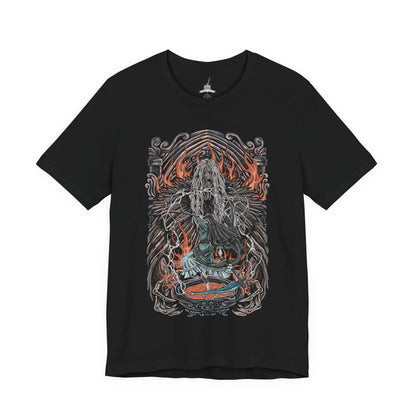 Image 4 of a T-Shirt design of Sister Friede and Father Ariandel from Dark Souls III, standing within the snow-covered chapel of the Painted World of Ariandel. Friede wields her frost-covered scythe with silent elegance while Father Ariandel towers behind her, clutching his massive flaming bowl. The design captures the contrast between icy serenity and raging fire, embodying the desperate struggle to preserve a world trapped in endless decay.