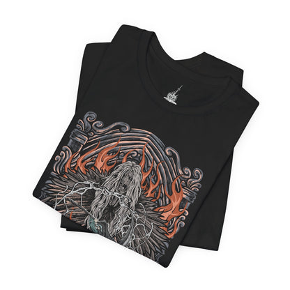 Image 5 of a T-Shirt design of Sister Friede and Father Ariandel from Dark Souls III, standing within the snow-covered chapel of the Painted World of Ariandel. Friede wields her frost-covered scythe with silent elegance while Father Ariandel towers behind her, clutching his massive flaming bowl. The design captures the contrast between icy serenity and raging fire, embodying the desperate struggle to preserve a world trapped in endless decay.