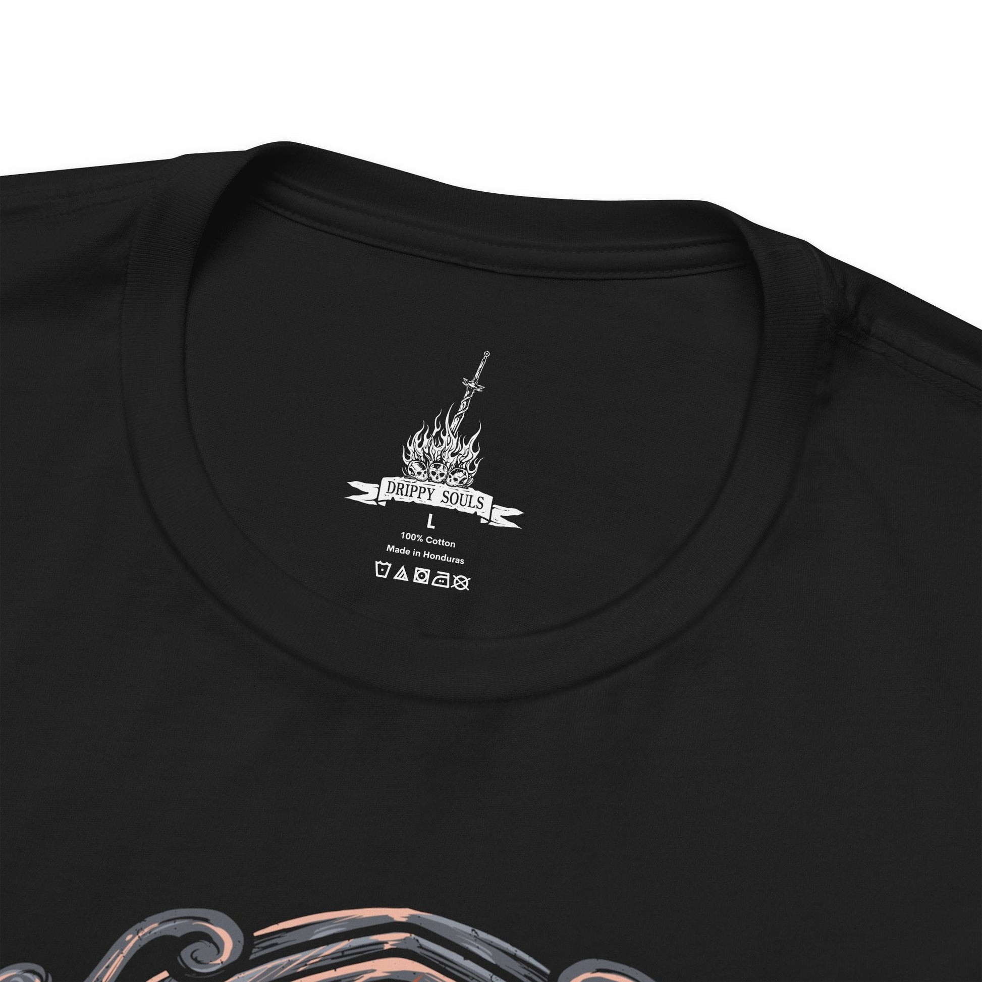 Folded T-Shirt design of Sister Friede and Father Ariandel from Dark Souls III, standing within the snow-covered chapel of the Painted World of Ariandel. Friede wields her frost-covered scythe with silent elegance while Father Ariandel towers behind her, clutching his massive flaming bowl. The design captures the contrast between icy serenity and raging fire, embodying the desperate struggle to preserve a world trapped in endless decay.