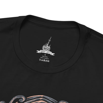 Folded T-Shirt design of Sister Friede and Father Ariandel from Dark Souls III, standing within the snow-covered chapel of the Painted World of Ariandel. Friede wields her frost-covered scythe with silent elegance while Father Ariandel towers behind her, clutching his massive flaming bowl. The design captures the contrast between icy serenity and raging fire, embodying the desperate struggle to preserve a world trapped in endless decay.