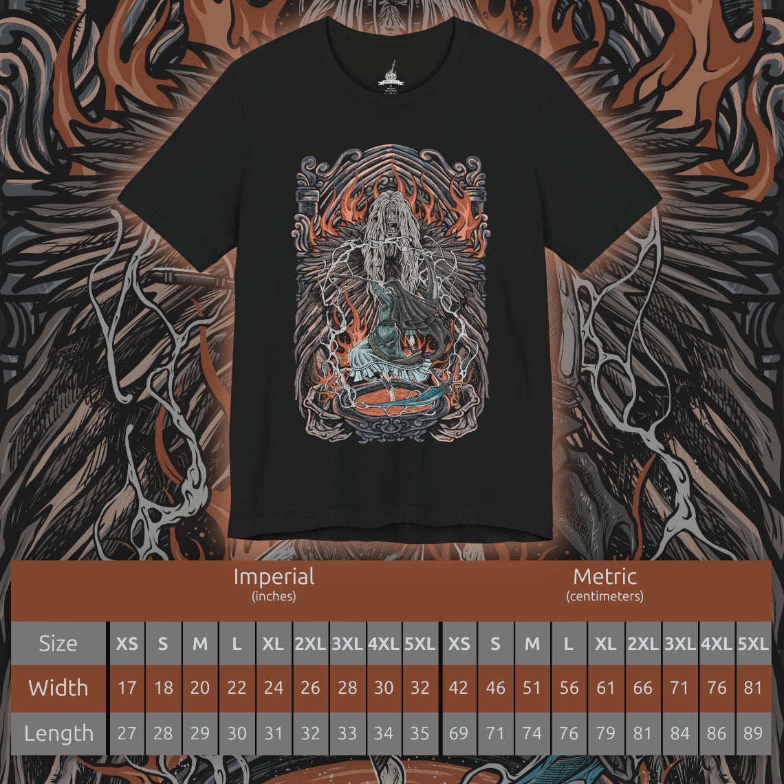Size chart of a T-Shirt design of Sister Friede and Father Ariandel from Dark Souls III, standing within the snow-covered chapel of the Painted World of Ariandel. Friede wields her frost-covered scythe with silent elegance while Father Ariandel towers behind her, clutching his massive flaming bowl. The design captures the contrast between icy serenity and raging fire, embodying the desperate struggle to preserve a world trapped in endless decay.