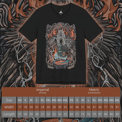 Size chart of a T-Shirt design of Sister Friede and Father Ariandel from Dark Souls III, standing within the snow-covered chapel of the Painted World of Ariandel. Friede wields her frost-covered scythe with silent elegance while Father Ariandel towers behind her, clutching his massive flaming bowl. The design captures the contrast between icy serenity and raging fire, embodying the desperate struggle to preserve a world trapped in endless decay.