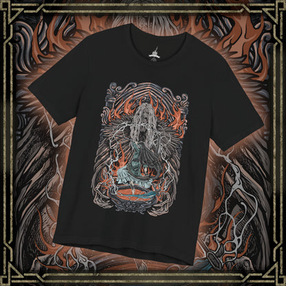 Thumbnail of a T-Shirt design of Sister Friede and Father Ariandel from Dark Souls III, standing within the snow-covered chapel of the Painted World of Ariandel. Friede wields her frost-covered scythe with silent elegance while Father Ariandel towers behind her, clutching his massive flaming bowl. The design captures the contrast between icy serenity and raging fire, embodying the desperate struggle to preserve a world trapped in endless decay.
