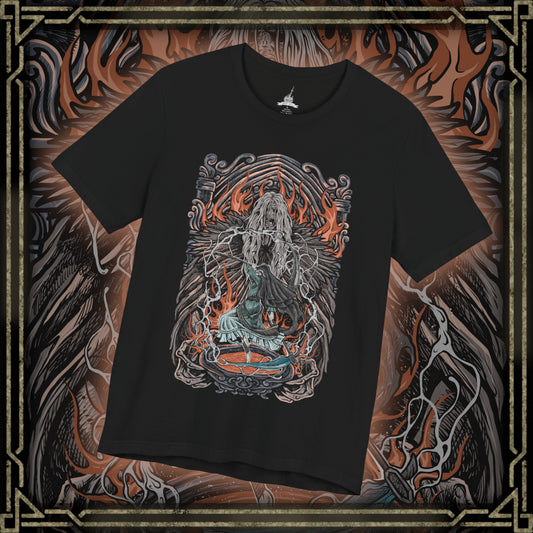 Thumbnail of a T-Shirt design of Sister Friede and Father Ariandel from Dark Souls III, standing within the snow-covered chapel of the Painted World of Ariandel. Friede wields her frost-covered scythe with silent elegance while Father Ariandel towers behind her, clutching his massive flaming bowl. The design captures the contrast between icy serenity and raging fire, embodying the desperate struggle to preserve a world trapped in endless decay.