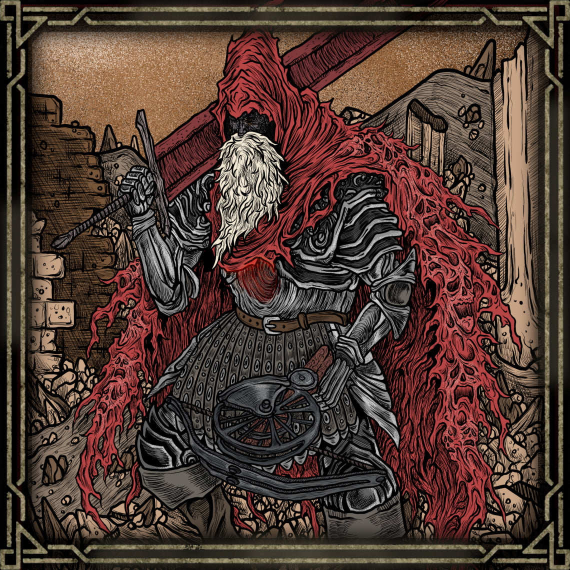 Concept Art of Slave Knight Gael Grim. In The Ringed City, Slave Knight Gael serves as the ultimate test, a relic of the past driven to madness by his mission. Seeking the pigment of the Dark Soul for his mistress’s painting, Gael absorbs countless souls, transforming into a beast of divine rage. His story mirrors the rise and fall of mankind, ending Dark Souls in a storm of ash and blood.