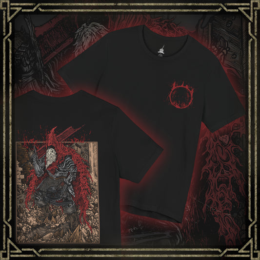 Thumbnail of a T-shirt showcasing Slave Knight Gael from Dark Souls III, the loyal servant turned final boss of the Ringed City. Once humble and obedient, Gael becomes consumed by the very darkness he sought, his weathered armor and blood-soaked cape telling a story of sacrifice and corruption. This design honors Gael’s tragic journey as he devours the Pygmy Lords in search of the Dark Soul’s power.