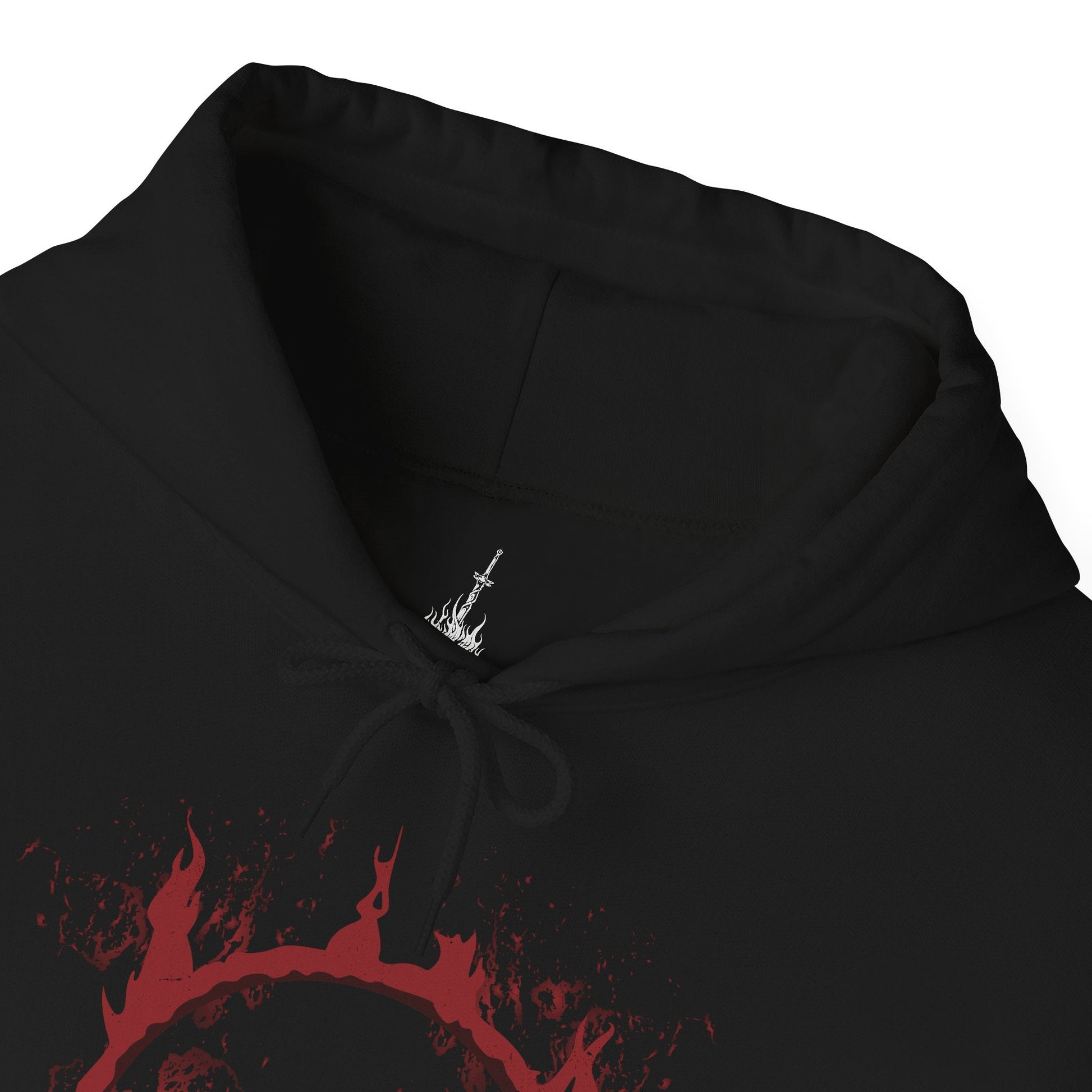 Folded Hooded Sweatshirt featuring Slave Knight Gael from Dark Souls 3, the last warrior standing at the end of the world. Gael’s worn, crimson-stained cloak and brute strength are iconic, as is his haunting descent into madness during the final battle. His quest for the Dark Soul, born of loyalty and despair, makes him one of the most memorable and heartbreaking characters in the entire Dark Souls saga.