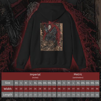 Size chart of a Hooded Sweatshirt featuring Slave Knight Gael from Dark Souls 3, the last warrior standing at the end of the world. Gael’s worn, crimson-stained cloak and brute strength are iconic, as is his haunting descent into madness during the final battle. His quest for the Dark Soul, born of loyalty and despair, makes him one of the most memorable and heartbreaking characters in the entire Dark Souls saga.