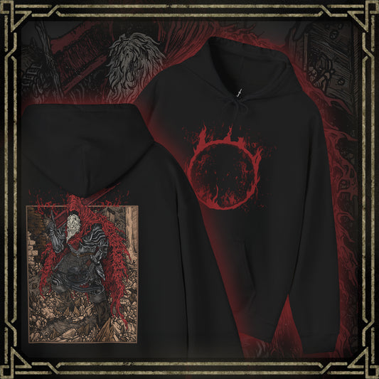 Thumbnail of a Hooded Sweatshirt featuring Slave Knight Gael from Dark Souls 3, the last warrior standing at the end of the world. Gael’s worn, crimson-stained cloak and brute strength are iconic, as is his haunting descent into madness during the final battle. His quest for the Dark Soul, born of loyalty and despair, makes him one of the most memorable and heartbreaking characters in the entire Dark Souls saga.