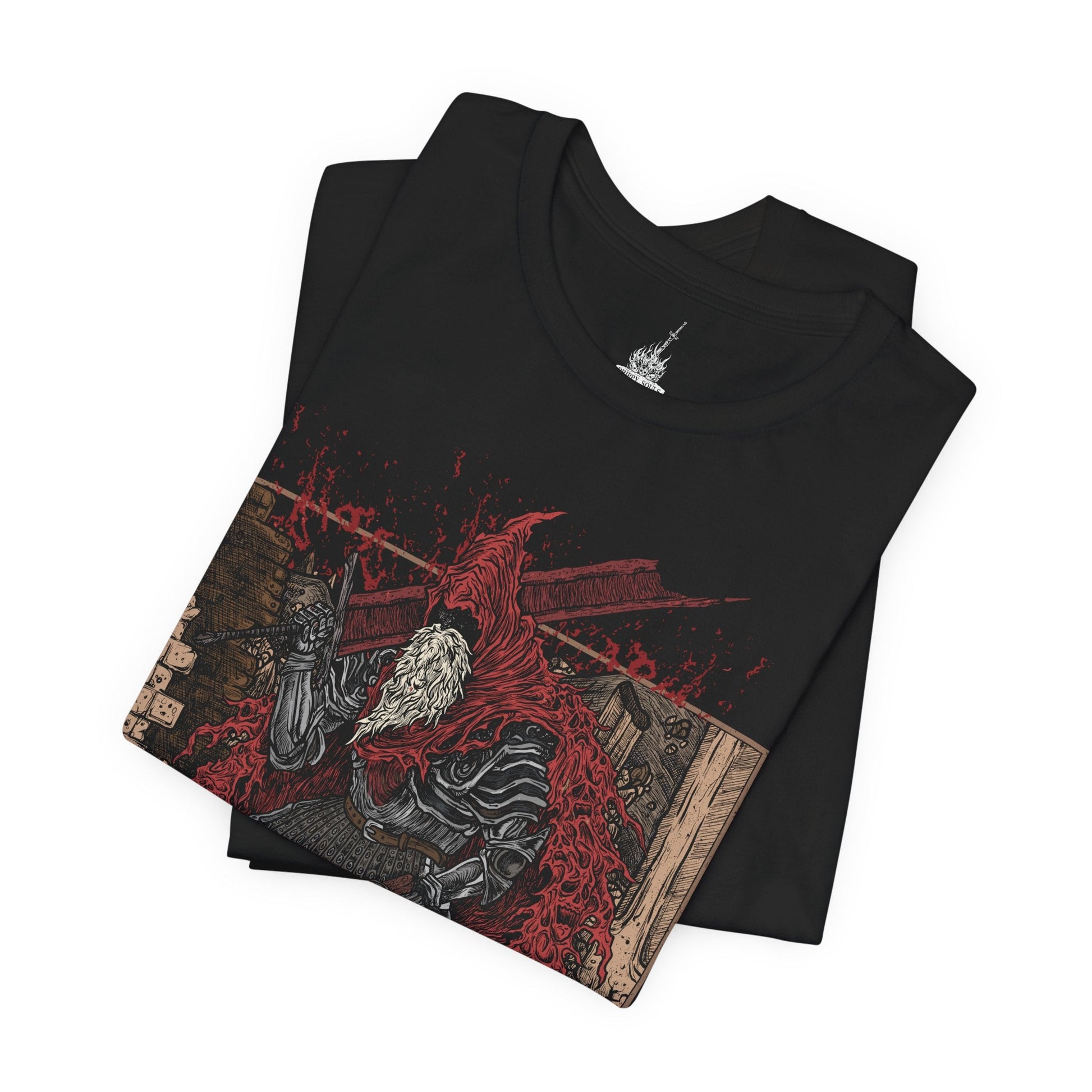 Image 5 of a T-shirt featuring Slave Knight Gael from Dark Souls 3, the relentless warrior who seeks the Dark Soul of Humanity. Clad in tattered red rags and dragging his massive greatsword, Gael traverses the ruins of a dying world, driven by a desperate mission to complete the Painter’s vision. His transformation into a near-divine force of rage marks one of the most intense and emotional final battles in the series.