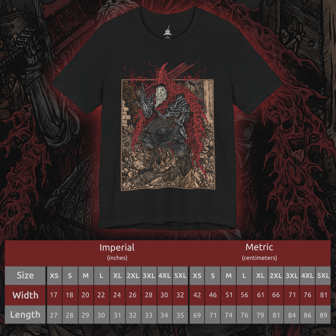 Size chart of a T-shirt featuring Slave Knight Gael from Dark Souls 3, the relentless warrior who seeks the Dark Soul of Humanity. Clad in tattered red rags and dragging his massive greatsword, Gael traverses the ruins of a dying world, driven by a desperate mission to complete the Painter’s vision. His transformation into a near-divine force of rage marks one of the most intense and emotional final battles in the series.