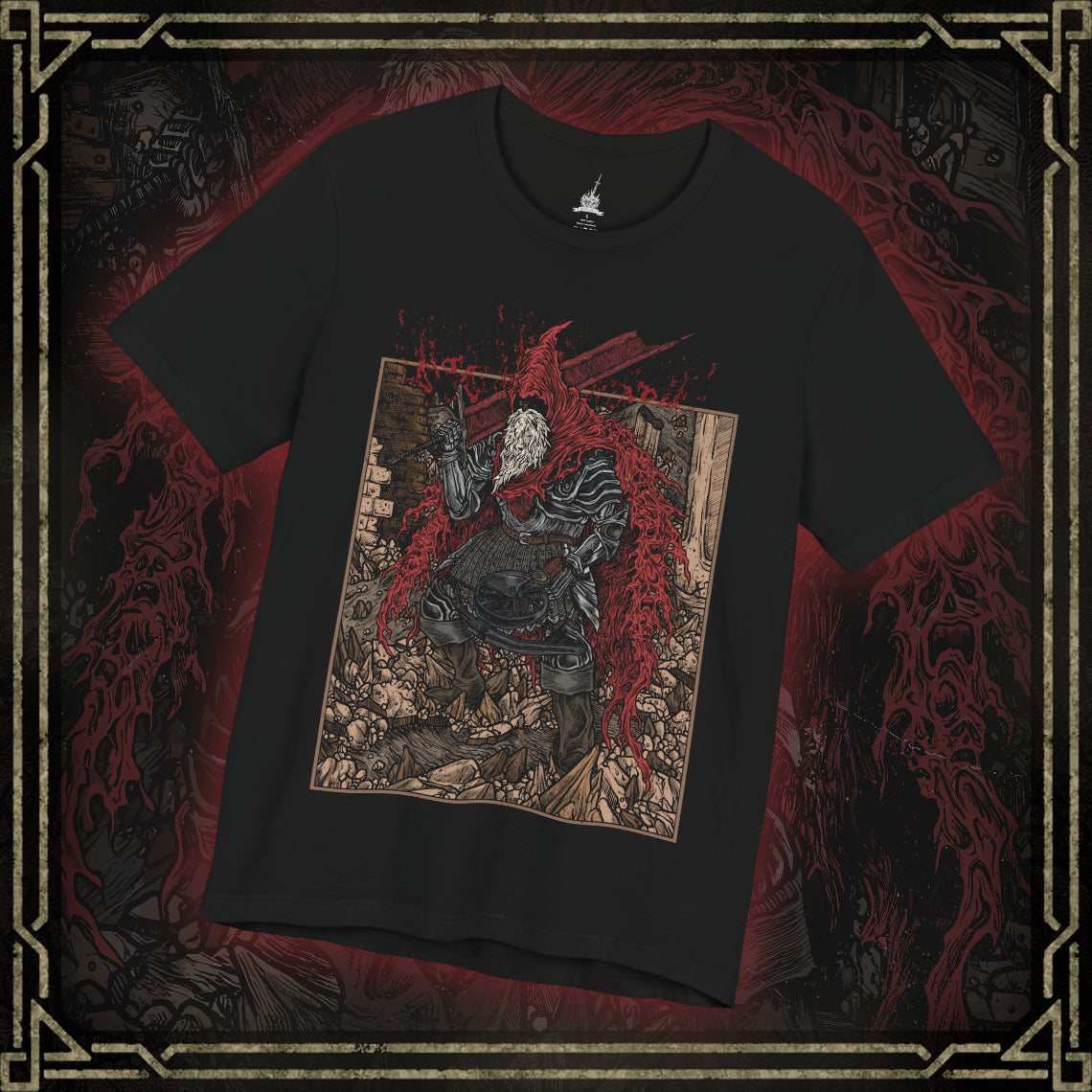Thumbnail of a T-shirt featuring Slave Knight Gael from Dark Souls 3, the relentless warrior who seeks the Dark Soul of Humanity. Clad in tattered red rags and dragging his massive greatsword, Gael traverses the ruins of a dying world, driven by a desperate mission to complete the Painter’s vision. His transformation into a near-divine force of rage marks one of the most intense and emotional final battles in the series.