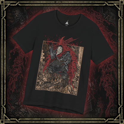 Thumbnail of a T-shirt featuring Slave Knight Gael from Dark Souls 3, the relentless warrior who seeks the Dark Soul of Humanity. Clad in tattered red rags and dragging his massive greatsword, Gael traverses the ruins of a dying world, driven by a desperate mission to complete the Painter’s vision. His transformation into a near-divine force of rage marks one of the most intense and emotional final battles in the series.