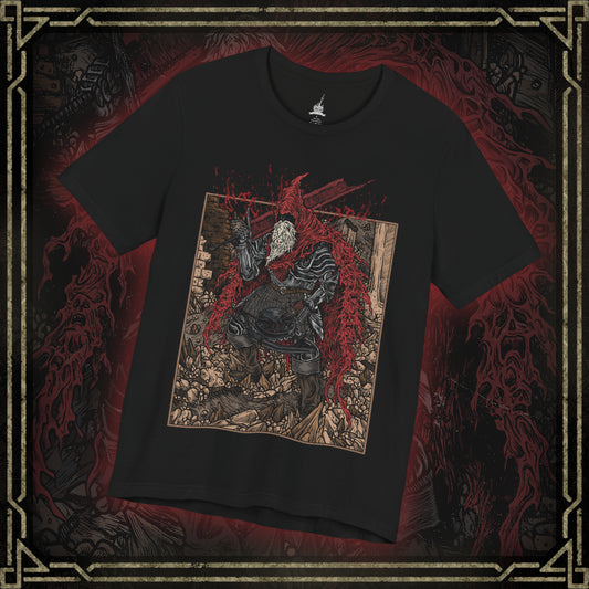 Thumbnail of a T-shirt featuring Slave Knight Gael from Dark Souls 3, the relentless warrior who seeks the Dark Soul of Humanity. Clad in tattered red rags and dragging his massive greatsword, Gael traverses the ruins of a dying world, driven by a desperate mission to complete the Painter’s vision. His transformation into a near-divine force of rage marks one of the most intense and emotional final battles in the series.