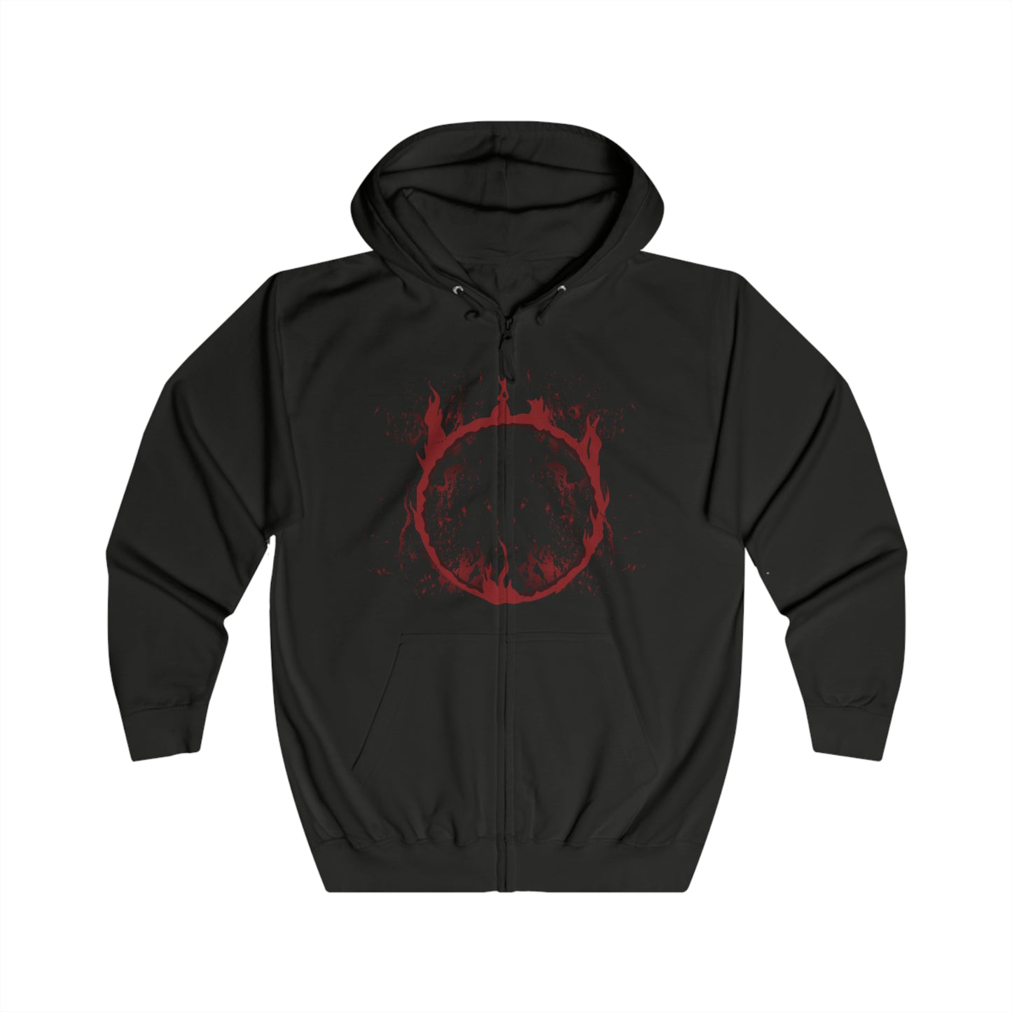 Image 4 of a Zip-up Hooded Sweatshirt showcasing Slave Knight Gael, the loyal servant turned forsaken hunter in Dark Souls III: The Ringed City. Gael’s quest to find the pigment for his lady leads him to consume the Dark Soul itself. This artwork highlights his ravaged form, blood-soaked cloak, and desperate strength—symbolizing the culmination of mankind’s legacy and the end of fire.