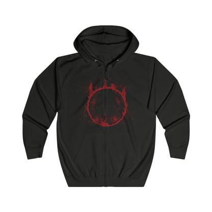 Image 4 of a Zip-up Hooded Sweatshirt showcasing Slave Knight Gael, the loyal servant turned forsaken hunter in Dark Souls III: The Ringed City. Gael’s quest to find the pigment for his lady leads him to consume the Dark Soul itself. This artwork highlights his ravaged form, blood-soaked cloak, and desperate strength—symbolizing the culmination of mankind’s legacy and the end of fire.