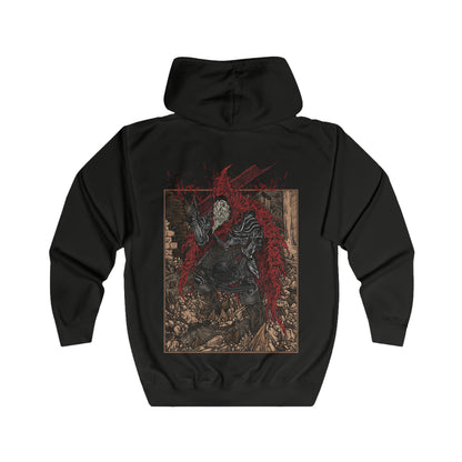 Folded Zip-up Hooded Sweatshirt showcasing Slave Knight Gael, the loyal servant turned forsaken hunter in Dark Souls III: The Ringed City. Gael’s quest to find the pigment for his lady leads him to consume the Dark Soul itself. This artwork highlights his ravaged form, blood-soaked cloak, and desperate strength—symbolizing the culmination of mankind’s legacy and the end of fire.
