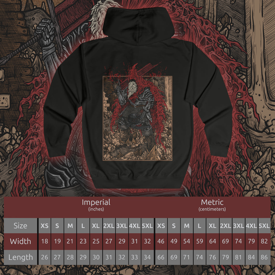 Size chart of a Zip-up Hooded Sweatshirt showcasing Slave Knight Gael, the loyal servant turned forsaken hunter in Dark Souls III: The Ringed City. Gael’s quest to find the pigment for his lady leads him to consume the Dark Soul itself. This artwork highlights his ravaged form, blood-soaked cloak, and desperate strength—symbolizing the culmination of mankind’s legacy and the end of fire.