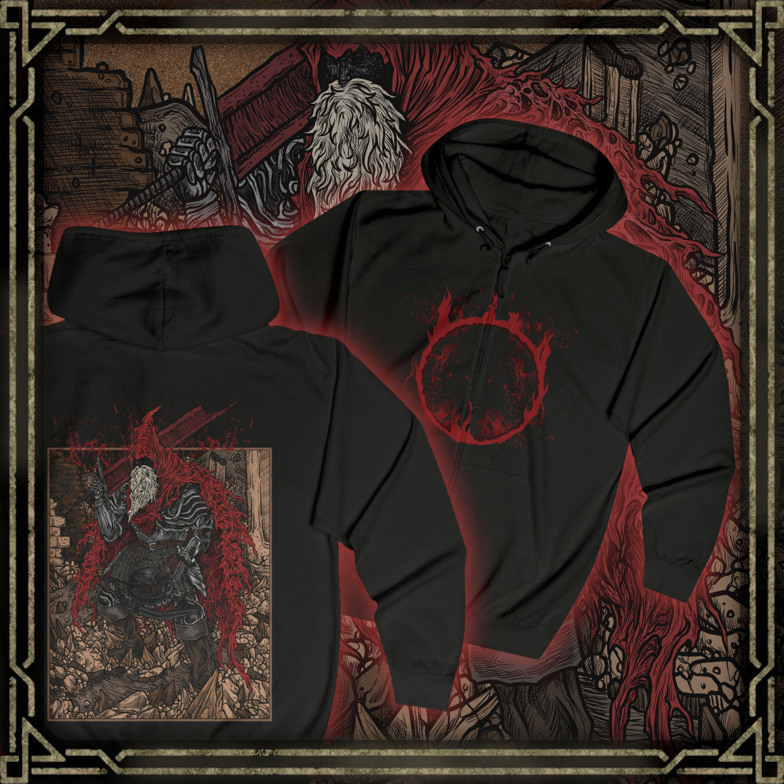 Thumbnail of a Zip-up Hooded Sweatshirt showcasing Slave Knight Gael, the loyal servant turned forsaken hunter in Dark Souls III: The Ringed City. Gael’s quest to find the pigment for his lady leads him to consume the Dark Soul itself. This artwork highlights his ravaged form, blood-soaked cloak, and desperate strength—symbolizing the culmination of mankind’s legacy and the end of fire.