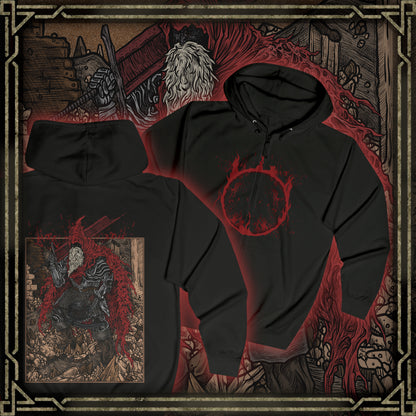 Thumbnail of a Zip-up Hooded Sweatshirt showcasing Slave Knight Gael, the loyal servant turned forsaken hunter in Dark Souls III: The Ringed City. Gael’s quest to find the pigment for his lady leads him to consume the Dark Soul itself. This artwork highlights his ravaged form, blood-soaked cloak, and desperate strength—symbolizing the culmination of mankind’s legacy and the end of fire.